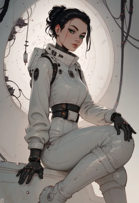 score_9, score_8_up, score_7_up, score_6_up,  wide angle photo, style of wlop, far shot, full body, 1girl, cyborg, mech armor, battle damaged, conducting repairs on her arm, sitting in a futuristic junk yard, 18 years old, beautiful, Perfect face, surrounded by technology, a beautiful girl, long black hair, green eyes, pouty lips, wearing a spacesuit, wearing goggles on her forehead, wiping her brow with her hand, mechanic, giant mech  robot, lots of wires and technology, repairing a robot, grease smudge on her left cheek, neon lights, dynamic angle, dynamic lighting, detailed background