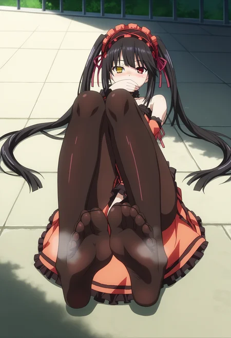 score_9, score_8_up, score_7_up, source_anime,
BREAK
<lora:shismellyfeetV1:0.85>,
shistinkyhose, smell, looking at viewer, blush, full body, pantyhose, lying, on back, feet, black pantyhose, legs, toes, soles, no shoes, steam, foreshortening, covering privates, legs up, brown pantyhose, covering own mouth, steaming body, foot focus,
covering crotch, spread toes, fine fabric emphasis,
1girl, solo, anime screencap, anime coloring,
<lora:shiKurumiV2:1> kurdef, long hair, black hair, twintails, red eyes, yellow eyes, clock eyes, heterochromia, hairband, bare shoulders, detached sleeves, choker, red dress, cleavage, bow, black thighhighs,
blush, looking at viewer, seductive smile,