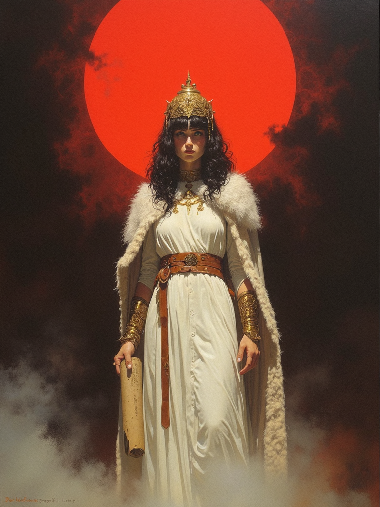 drkfnts style, stylized fantasy-themed portrait of a female figure standing against a dark smoky backdrop with a radiant red halo around her head. She is adorned in a white dress with a brown belt and a fur cloak draped over her shoulders. Her attire is complemented by a golden headpiece with intricate designs. She holds a large ornate scroll in her left hand. The character's pose is poised and regal with her right hand resting on her hip and her gaze directed forward. The color palette is dominated by deep reds whites and browns creating a dramatic and mysterious atmosphere, dark fantasy <lora:sxz-Dark-Fantasy-v2-Flux:1>