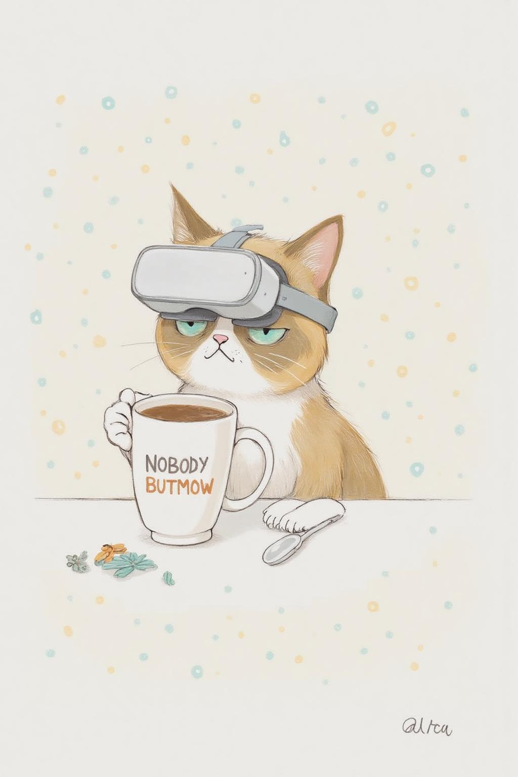 al1ca Illustration. 
Grumpy Cat holidng a coffee mug, wearing a VR Headset. The mug has the phrase "NobodyButMeow" <lora:al1ca1_cap_d6a3e11:1.0><lora:828091483321247585:0>