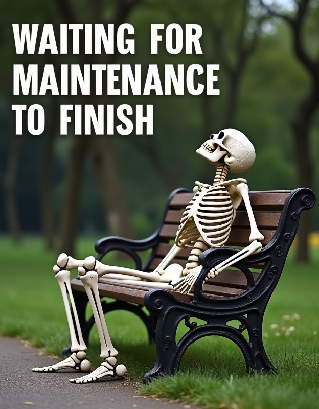 text at the top of the image "waiting for maintenance to finish" written with big white letters , skeleton sitting on bench in park, leaning back, head thrown back