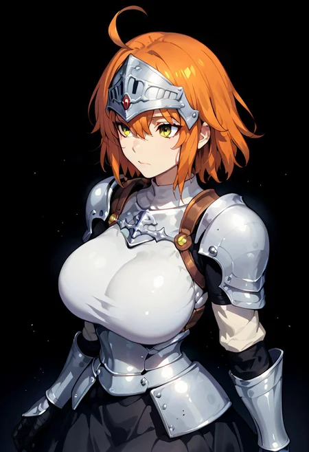 score_9, score_8_up, score_7_up, source_anime, ((solo)), calm, closed mouth, 1girl, solo, (huge breasts, thin waist, wide hips), peaceful, closed mouth, ((fujimaru_ritsuka)), orange hair, yellow eyes, above_medium hair, bangs, hair between eyes, ahoge, black_knight clothing, ((knight helmet)), metal armor, pauldrons, gauntlets, chestplate, armored skirt, black leggings, black skirt, black background,