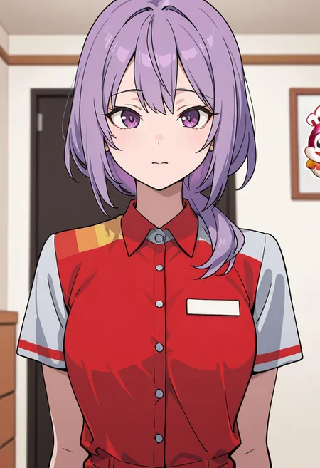 solo, woman, purple hair, jollibee_uniform, red collared shirt, shirt buttons, name tag, room, high quality, best quality, masterpiece, 4k resolution, anime