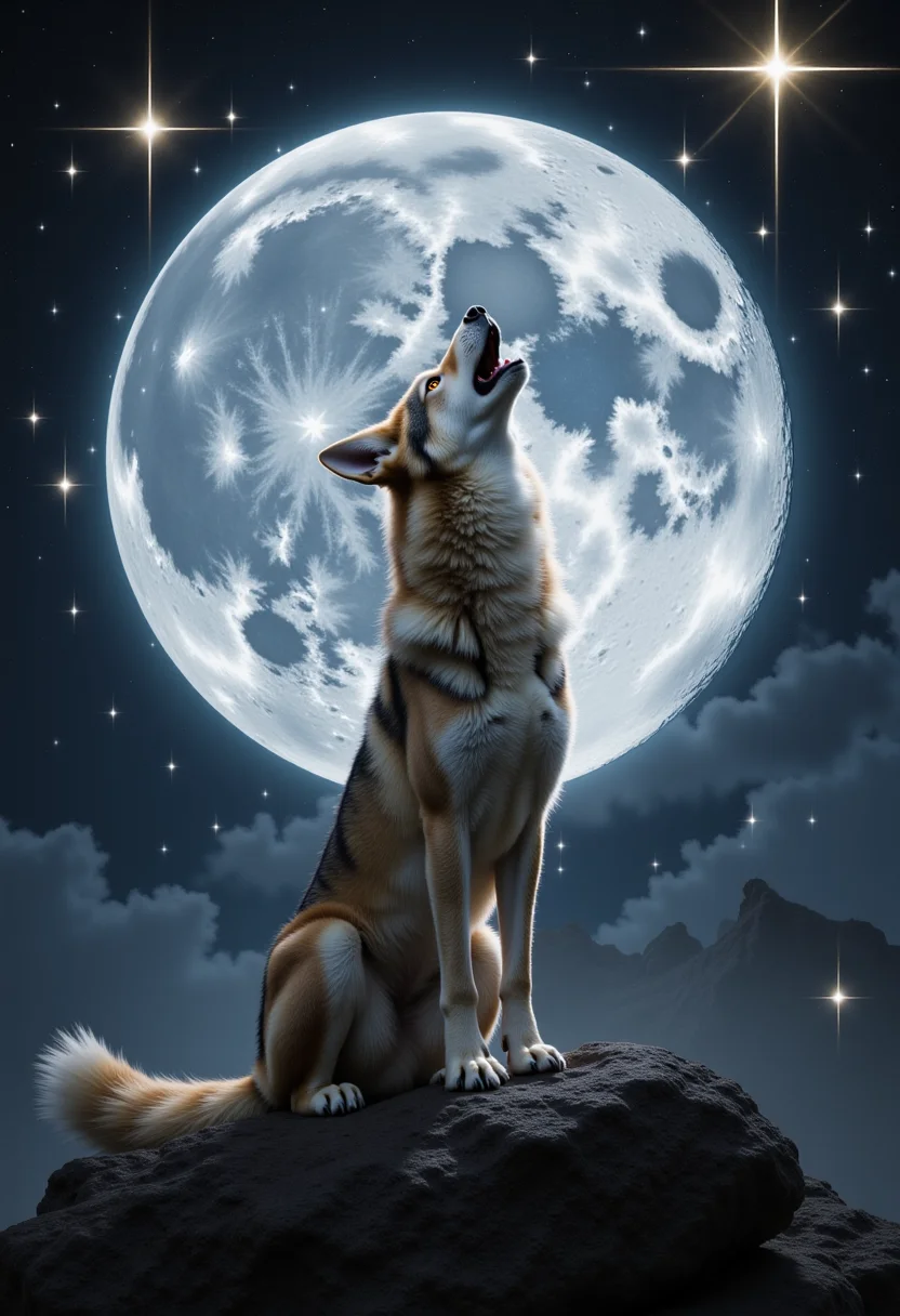 a wolf howling at the moon with a sparkling effect