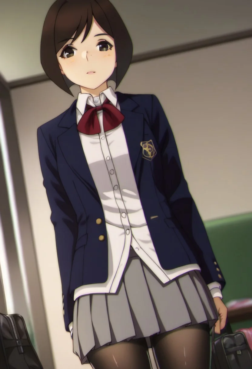 score_9,score_8_up,score_7_up,score_6_up,1girl, solo,school uniform, brown eyes, looking at viewer, jacket, short hair, blazer, bag, bow,shirt, white shirt, red bow,bob cut,brown hair, grey skirt,pantyhose,black pantyhose,skirt, pleated skirt,dark,under light,posing,sexy,indoors,living room,blurry, blurry background,cowboy shot, dutch angle