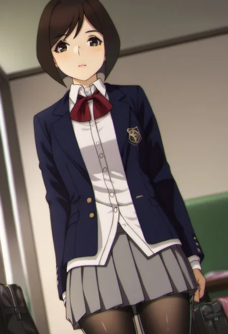 score_9,score_8_up,score_7_up,score_6_up,1girl, solo,school uniform, brown eyes, looking at viewer, jacket, short hair, blazer, bag, bow,shirt, white shirt, red bow,bob cut,brown hair, grey skirt,pantyhose,black pantyhose,skirt, pleated skirt,dark,under light,posing,sexy,indoors,living room,blurry, blurry background,cowboy shot, dutch angle