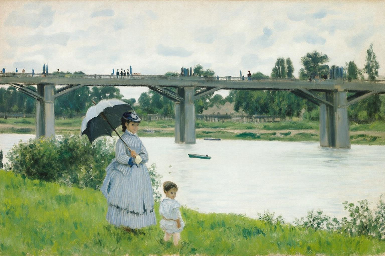 claudemonet1 painting. 
A riverside scene with a prominent arched stone bridge stretching across the middle of the image.
A child and a woman holding an open parasol are standing in the foreground.
 <lora:claudemonet1_cap_d8a4e12:1.0><lora:843287343902487606:0>