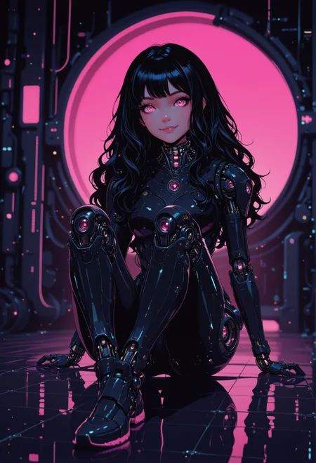 <lora:ck-nc-cyberpunk-IL-000011:1>,  masterpiece, best quality, good quality, very aesthetic, absurdres, newest, 8K, depth of field, focused subject, 1girl, full body portrait, long hair, wavy hair cascading around her face, smile, Subtle mechanical features are integrated into her face and neck, blending seamlessly with her natural beauty, sitting, chiaroscuro style, extreme contrast between light and shadow, creating a dramatic moody effect, futuristic glow. The contrast of neon pink and black enhances the surreal atmosphere, blending organic beauty with mechanical details for a striking cybernetic aesthetic, dynamic angle, in the style of cknc
<lora:MoriiMee_Gothic_Niji_Style_Illustrious_r1:0.4>