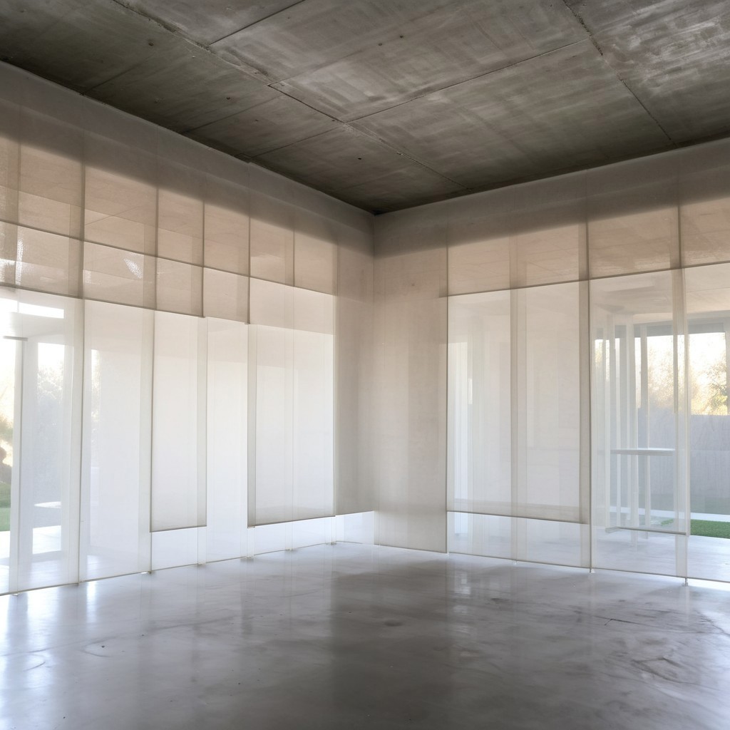 concrete brutalist interior, art installation involving the division of space with semitransparent white fabric, building under construction covered in white housewrap