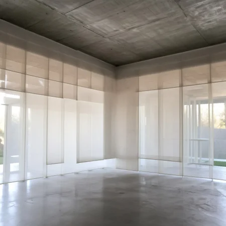 concrete brutalist interior, art installation involving the division of space with semitransparent white fabric, building under construction covered in white housewrap