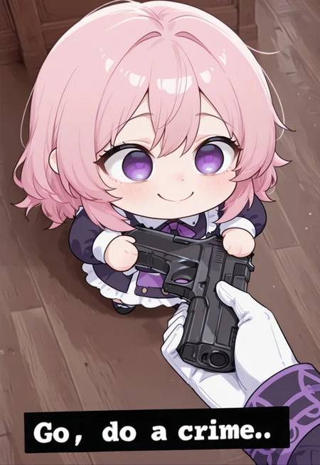 masterpiece, best quality, amazing quality, very aesthetic, absurdres, 1girl, solo, CivChan, chibi, medium hair, smile, purple eyes, holding, weapon, pink hair, holding weapon, english text, gun, parody, holding gun, handgun, meme, Go do a crime,