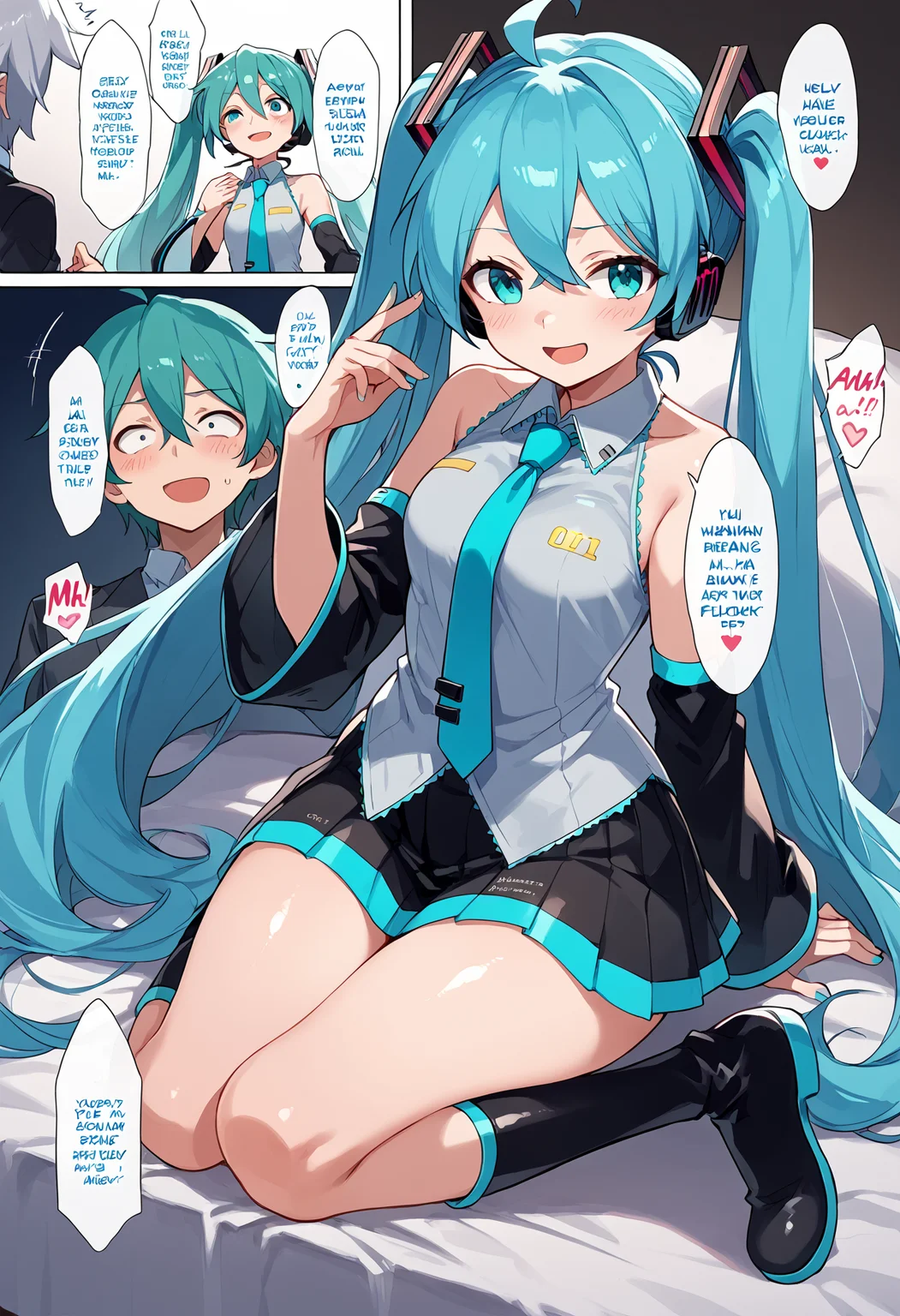 (nsfw:1), (Uncensored:1),
score_9, score_8_up, score_7_up, source_anime, BREAK
<lora:FComic1To3Page_Pony_V1:1>(1page),comic,Multi view, Frame, Text, speech bubble, frame, heart, trembling, focus line, vibrating line, comic expression, Sound effect,
1girl, solo focus,
(full body:1.3), (cowboy shot),
blush, open mouth, smug, smirk,
mikuhatsune, <lora:miku-hatsune-ponyxl-lora-nochekaiser:0.8>,
miku hatsune, ahoge, aqua eyes, aqua hair, crossed bangs, hair between eyes, hair ornament, headphones, long hair, twintails, mature female,
aqua necktie, black footwear, black skirt, black sleeves, boots, collared shirt, detached sleeves, grey shirt, necktie, pleated skirt, shirt, skirt, sleeveless, sleeveless shirt, thigh boots, tie clip,
(mature female:1), huge brests:1, shiny skin, oily skin, Thick thighs, voluptuous lower body,