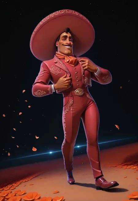 ((masterpiece, best quality, absurdres)), 3d animation, Pixar style, intricate detail, realistic, detailed skin,
full body, solo male, Ernesto, brown skin, mustache, wide brim hat, neckerchief, fancy suit, red suit, adjusting jacket, cocky, smug, grin, space background, orange flower petals on ground, petals on ground, flowing petals, glowing swirls,