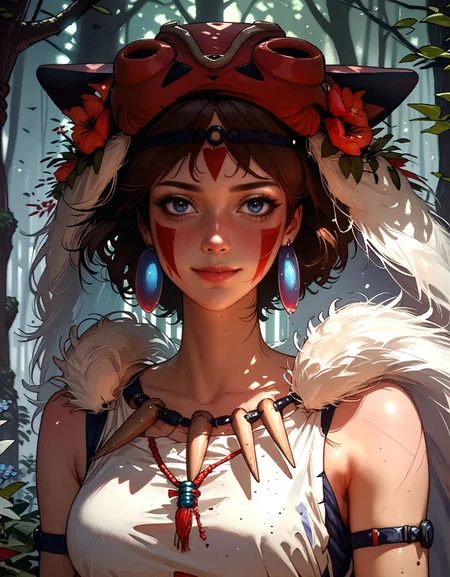 score_9, score_8_up, score_7_up, san, 1girl, solo, short hair, brown hair, gray eyes, headband, face paint, earrings, white sleeveless top, navy under dress, arm cuffs, fur headdress, fur cape, light-skinned female, female focus, looking at viewer, smiling, forest, (blush:1.1) <lora:pony/twilight_style:0.8> concept art, realistic, <lora:pony/expressiveh:0.8> expressiveh, <lora:pony/kenva:0.8> knva, <lora:pony/san_pony_v4> <lora:sdxl/sinfully_stylish_sdxl>