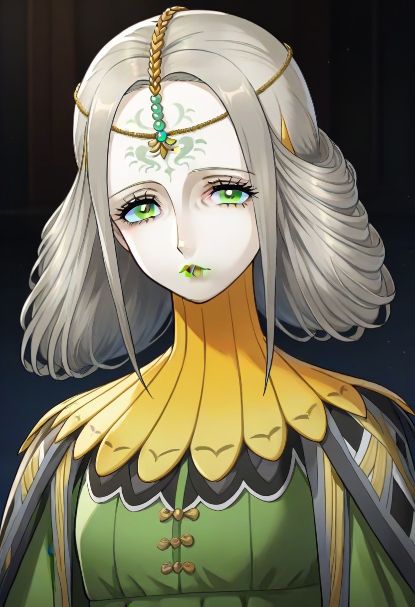 source_anime, 1girl, white skin, grey hair, forehead tattoo, green eyes, green lips, hair decoration, head chain, wrinckles, high yellow collar, medieval dress, white and green dress,<lora:Joanna_-_Metaphor_ReFantazio_-_Pony:1>