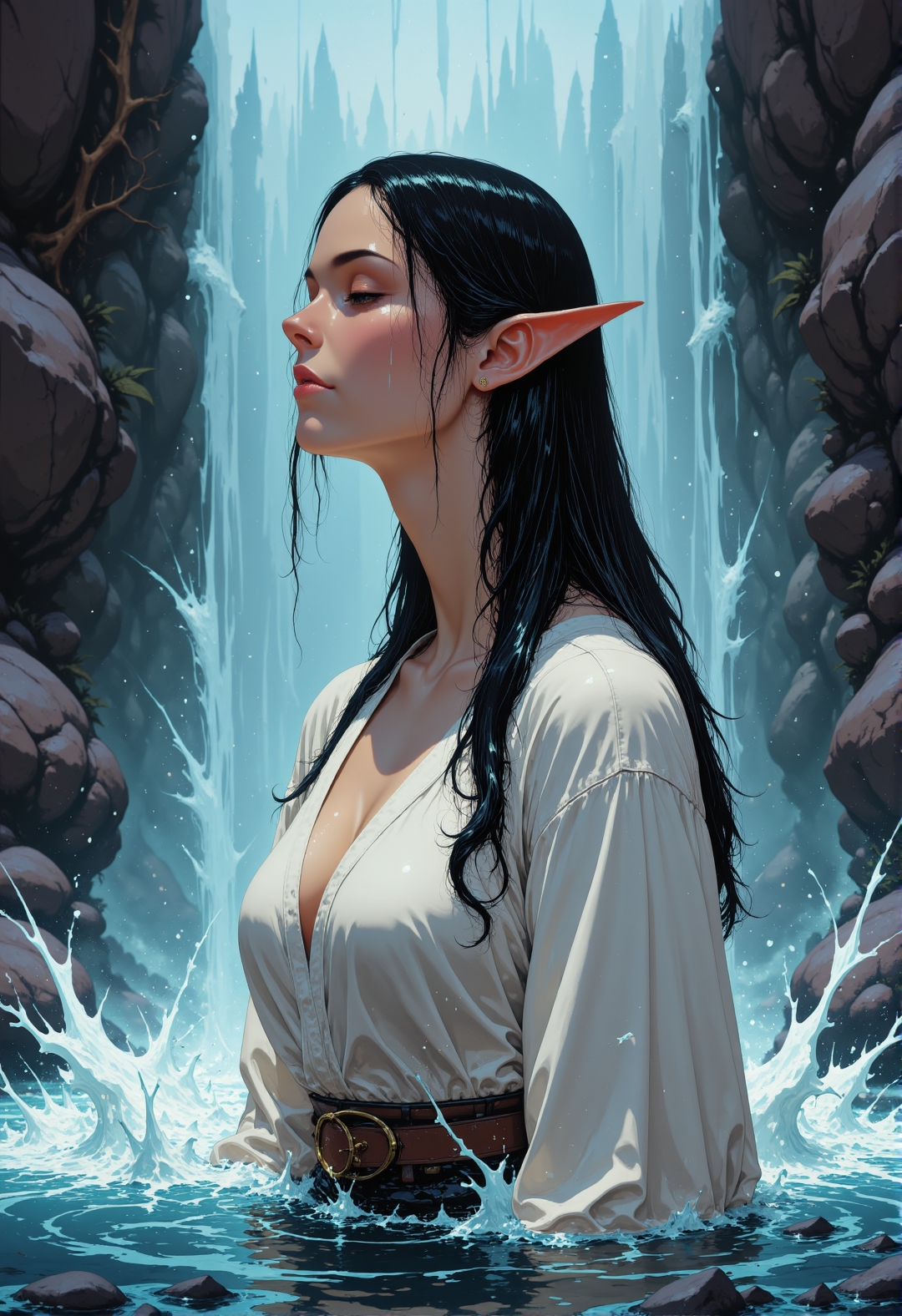 <lora:ck-chromatic-crusade_r1-000011:0.8>, in the style of ckcc, close-up, half-body illustration of an exquisitely beautiful elven woman standing directly beneath a powerful, cascading waterfall. The water splashes all over her, drenching her from head to toe, with streams running down her serene face and closed eyes in bliss. Her long, wet black hair clings to her delicate skin, and her graceful, pointed ears peek through the strands. Her white robe, completely soaked, is pressed against her body, slightly revealing the soft curves of her chest, while still remaining elegant and tasteful. The force of the water creates a dynamic splash around her, as droplets and mist catch the soft light filtering through the trees of the magical, enchanted forest. The elven woman is fully immersed in the waterfall, with the water splashing across her entire upper body, creating a harmonious, ethereal scene of beauty and nature.