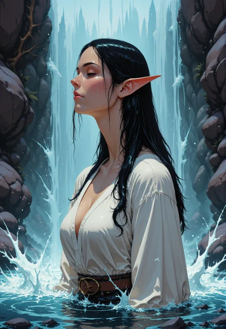 <lora:ck-chromatic-crusade_r1-000011:0.8>, in the style of ckcc, close-up, half-body illustration of an exquisitely beautiful elven woman standing directly beneath a powerful, cascading waterfall. The water splashes all over her, drenching her from head to toe, with streams running down her serene face and closed eyes in bliss. Her long, wet black hair clings to her delicate skin, and her graceful, pointed ears peek through the strands. Her white robe, completely soaked, is pressed against her body, slightly revealing the soft curves of her chest, while still remaining elegant and tasteful. The force of the water creates a dynamic splash around her, as droplets and mist catch the soft light filtering through the trees of the magical, enchanted forest. The elven woman is fully immersed in the waterfall, with the water splashing across her entire upper body, creating a harmonious, ethereal scene of beauty and nature.