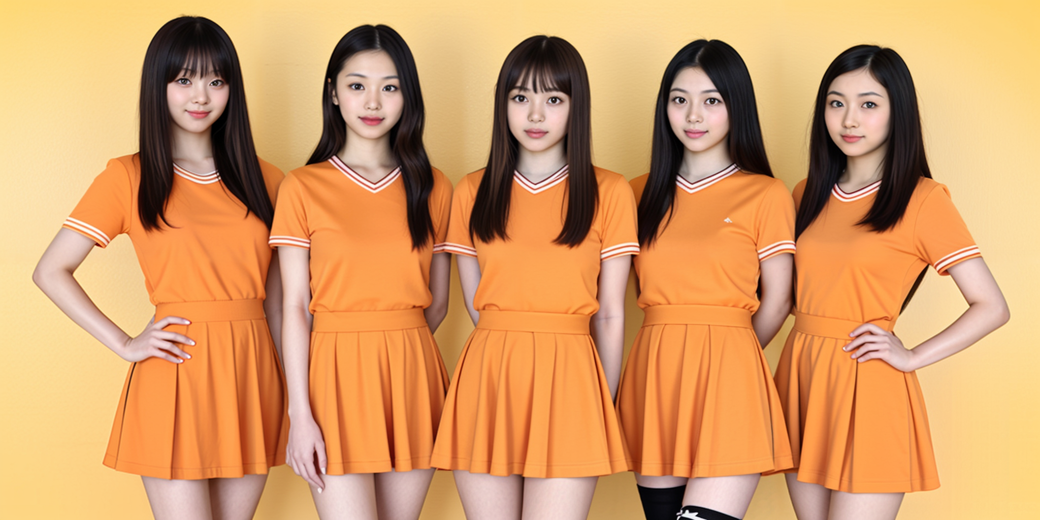 5 women, a photo of five 18-year-old japanese women with different faces and different hairstyles and they are wearing the same clothes, skirt, long hair, brown hair, smile, black hair, looking at viewer, bangs, shirt, hand on hip, standing, short sleeves, parted lips, twintails, socks
<lora:five women_V2:0.8> Orange background, simple background, <lora:LCM_LoRA_Weights_SD15å éå¨:1>