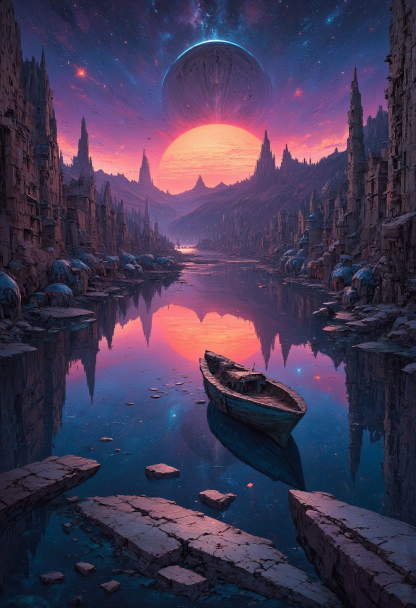 abstract oil painting, gradient vibrant neon colour, rough, textural, broad brush strokes, a sleek stealth fighter spaceship flying over a futuristic sci-fi city with tall towers skyscrapers, and domes, perfectly reflected in a tranquil, still lake, at night, surreal colours, detailed night sky with stars and nebulas, mythp0rt