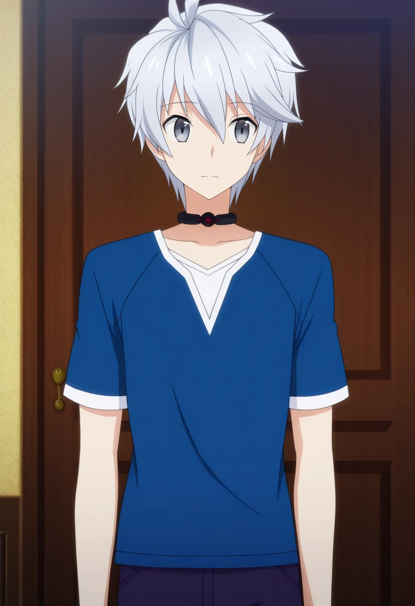 masterpiece, best quality, anime screencap, official style, anime coloring, cowboy shot, 1boy, solo, male focus, <lora:lux_arcadia_ilxl:0.98>, lux_arcadia, grey hair, grey eyes, short hair, hair between eyes, ,