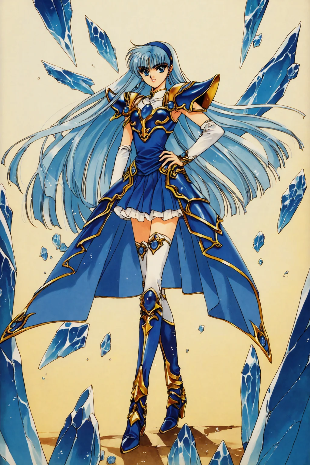score_9,score_8_up,score_7_up,masterpiece,best quality,very aesthetic,absurdres,official art,official style,
Ryuuzaki Umi,1girl,solo,long hair,armor,blue eyes,1990s \(style\),blue hair,blue theme,retro artstyle,thighhighs,boots,armored dress,hand on own hip,hairband,skirt,blue hairband,ice,
<lora:Magic knight Rayearth_XL_PONY:0.8>,