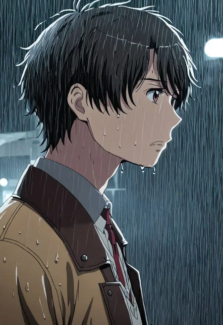 high resolution, solo, best quality, 1Boy, Inaho Kaizuka, Black Hair, Brown Eyes, heavy rain, downtown, night, looking down, sad, leather jacket, looking away, wet, wet hair, OverallDetail