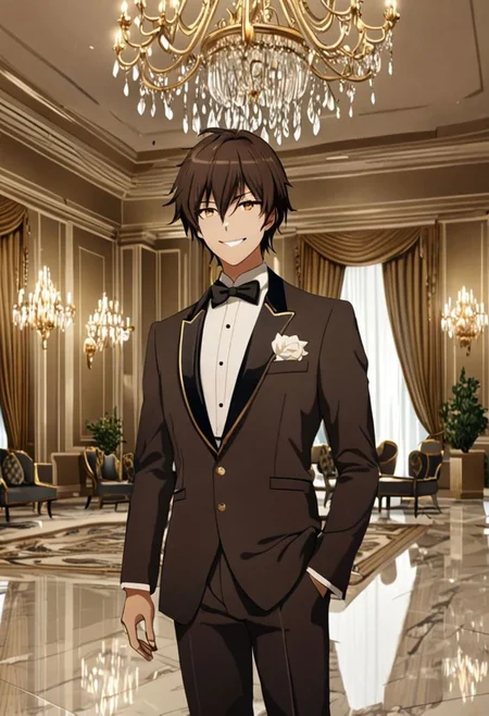 Highres, Masterpiece, High Quality, 4K, 8K, solo, 1Boy, Seiya Kanie, short dark brown hair, golden eyes, ballroom, luxury hotel, luxury room, marble floor, crystal chandelier, classic ornaments, tuxedo, smile, musterius, classy, confident, rich, easynegative, detailed_eye_model