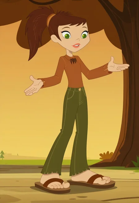 score_9, score_8_up, score_7_up, 1girl, solo,
long-sleeved brown sienna shirt, olive green pants, brown hair, green eyes, sharp ponytail, sandals
woods background,perfect hands, show accurate, perfect anatomy, perfect feet,