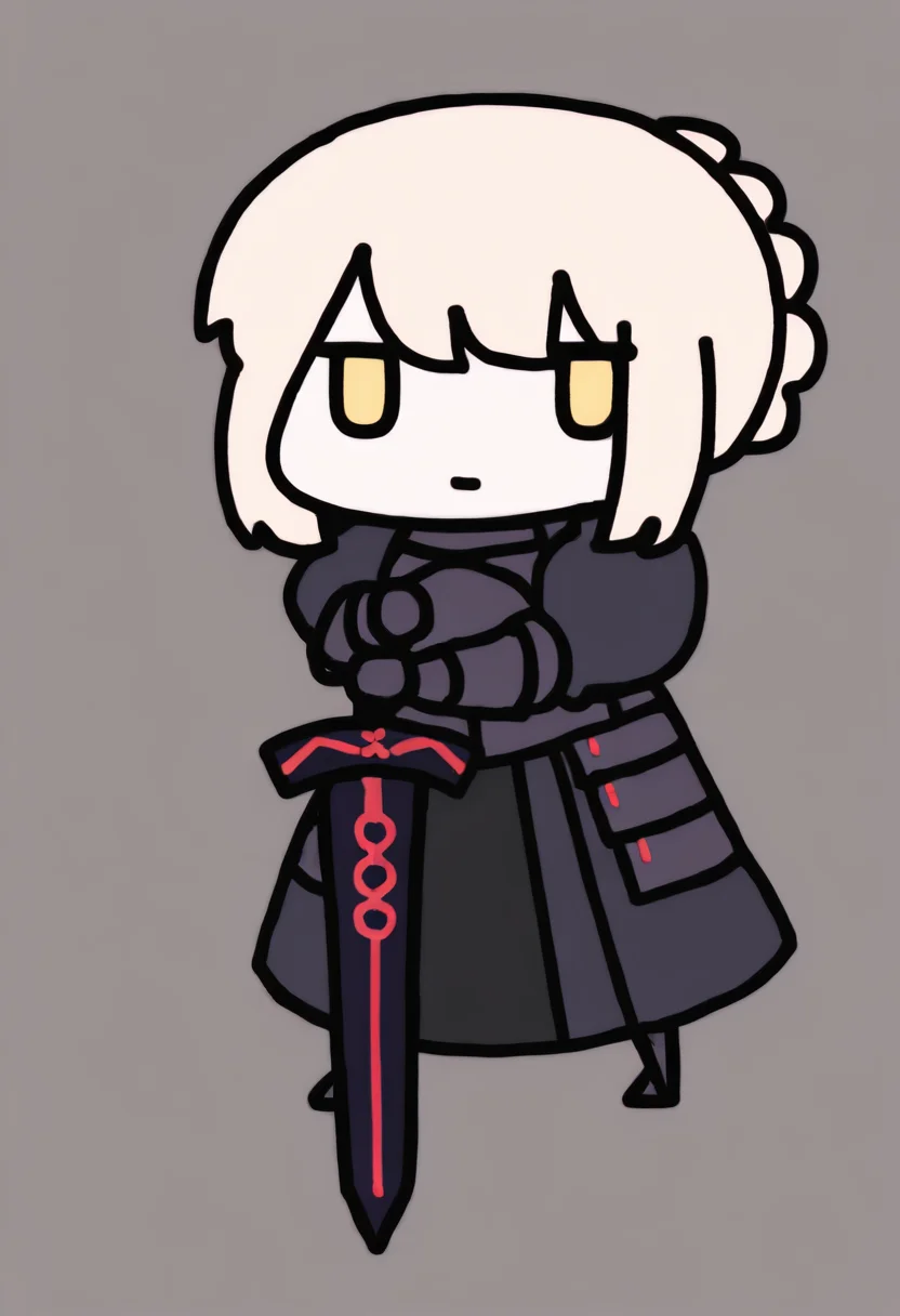 masterpiece, best quality, chibi, full body, solo, 1girl, sbraltst2, serious, holding excalibur morgan \(fate\), short hair, blonde hair, single hair bun, french braid, yellow eyes, black armor, black dress, armored dress, breastplate, puffy sleeves, gauntlets, faulds, simple background
