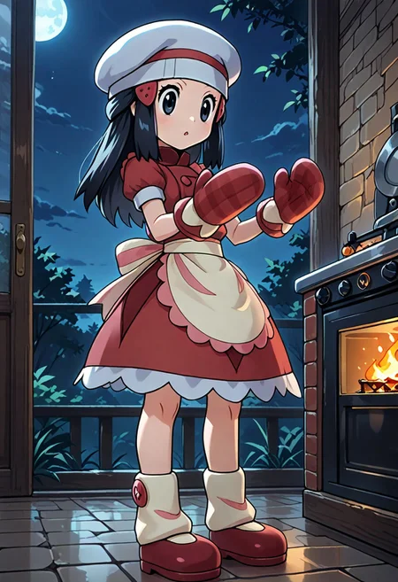 2d, masterpiece, best quality, amazing quality, 1girl, solo, standing, night, moonlight, sky, pdawn, pdaw, black hair, long hair, hair clip, chef hat, white headwear, oven mittens, red mittens, red dress, short sleevees, waist apron, socks, shoes, red footwear