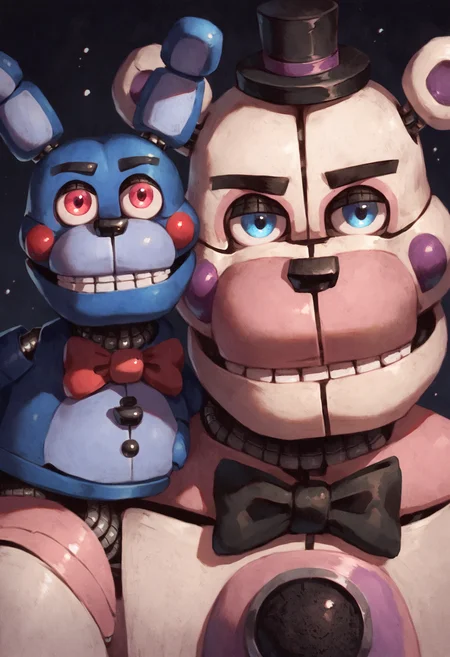 score_9, score_8_up, score_7_up, (funtimefreddy), fnaf, animatronic, bonbon, 2boys, looking at viewer, male, close-up, black bowtie, top hat, portrait, dark background, blue eyes, red eyes, detailed eyes, masterpiece, amazing quality, best quality, 8k <lora:FuntimeFreddy-000010:0.92>