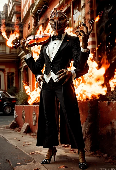 (((beautiful, high quality, realistic))), full body, score_9, score_8_up, score_7_up, 1girl, solo, thin, alien, (tuxedo and high heels :1.5), no humans, monster, science fiction, antennae, extra arms, playing a violin (music), standing in a firey street, explosions, (outside, burning buildings on fire background:1.4) <lora:Bing-based_FurScale_Enhancer:0.7> <lora:Prawn_-_District_9__Pony:0.85> <lora:violin:0.6>