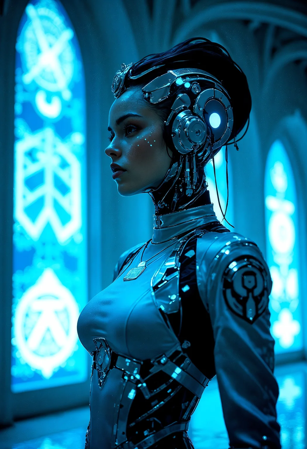 high quality, masterpiece, A cybernetic female priest in a high-tech cathedral, surrounded by glowing holograms of ancient religious symbols, depicted in a style with sharp precise lines, cool tones and high contrast, illuminated by the cold bluish light of the holograms, Futuristic Minimalism, emphasizing clean lines, sleek forms, cool and almost clinical color palette, elaborately detailed attire with extraordinary elements and headdress, elaborate fine details, hyperdetailed, intricate details, Refined details, best quality, high resolution,