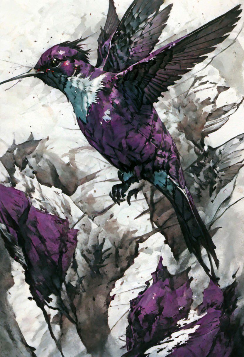 style inspiration Art by Jim Mahfood, Henry Asensio, Vector Create a tattoo with an exquisite ink design on white paper that makes the perfect multi-exposure piece of art. This piece was designed to combine the dimensional hue of purple hibiscus with the hyper-realistic style of a hummingbird. Tattoo, Minimal Solid Letterhead, Dark Fantasy, Poster, Photography, Painting. Vivid, Fashion, Wildlife Photography, Concept Art,