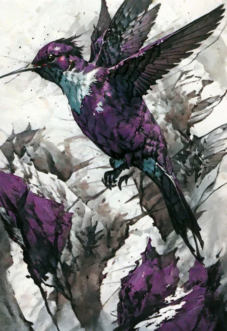 style inspiration Art by Jim Mahfood, Henry Asensio, Vector Create a tattoo with an exquisite ink design on white paper that makes the perfect multi-exposure piece of art. This piece was designed to combine the dimensional hue of purple hibiscus with the hyper-realistic style of a hummingbird. Tattoo, Minimal Solid Letterhead, Dark Fantasy, Poster, Photography, Painting. Vivid, Fashion, Wildlife Photography, Concept Art,