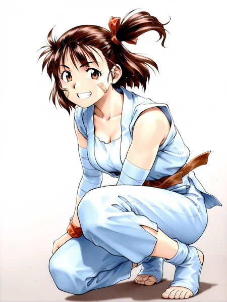masterpiece,best quality,newest,1girl,solo,
<lora:i_ryouko_ilxl_v1.2:1>,
ryouko,brown hair,Side ponytail,ribbon,r_clothes,bandaid on face,bandaged arm,r_sneakers,toeless legwear,<lora:Fixhands_anime_bdsqlsz_V1:1>,dynamic_angle,cinematic_angle,simple_background,white_background,face_focus,squatting,(grin:0.9),from_above,looking_at_viewer,