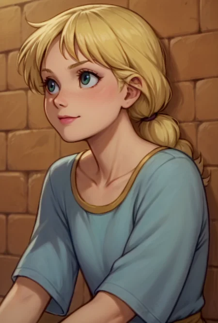 score_9, score_8_up, score_7_up, score_6_up, source_anime, highly detailed, Calla, Casual Calla, a cartoon image of a blonde haired girl sitting in front of a brick wall with her mouth open, <lora:Gummi bears Beta:0.9>