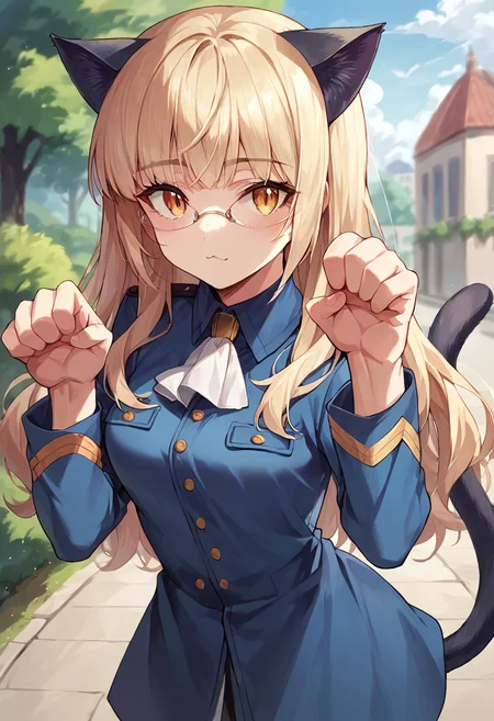 score_9, score_8_up, score_7_up, source_anime, masterpiece, 1girl, ctianperrine, black pantyhose, blue uniform, ascot, looking at viewer, outdoors, paw pose, cat ears, cat tail, cat girl, <lora:Perrine_Strike_Witches_Pony_ct:0.8>