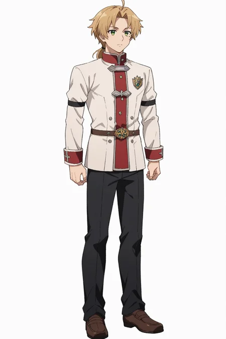 score_9, score_8_up, score_7_up, source_anime, 1boy, prefect lighting, very aesthetic, intricate details, highly detailed background, masterpiece, high quality, prefect hands, best quality, solo,
<lora:Rudeus_Greyrat_Mushoku_Tensei_V1:.95>, KJOrudy, parted bangs, blonde hair, green eyes, small ponytail, low ponytail, ahoge, mole under eye,
full body,
white school uniform, arm straps, long sleeves, red trim, silver school badge, black pants,
white background, simple background,
