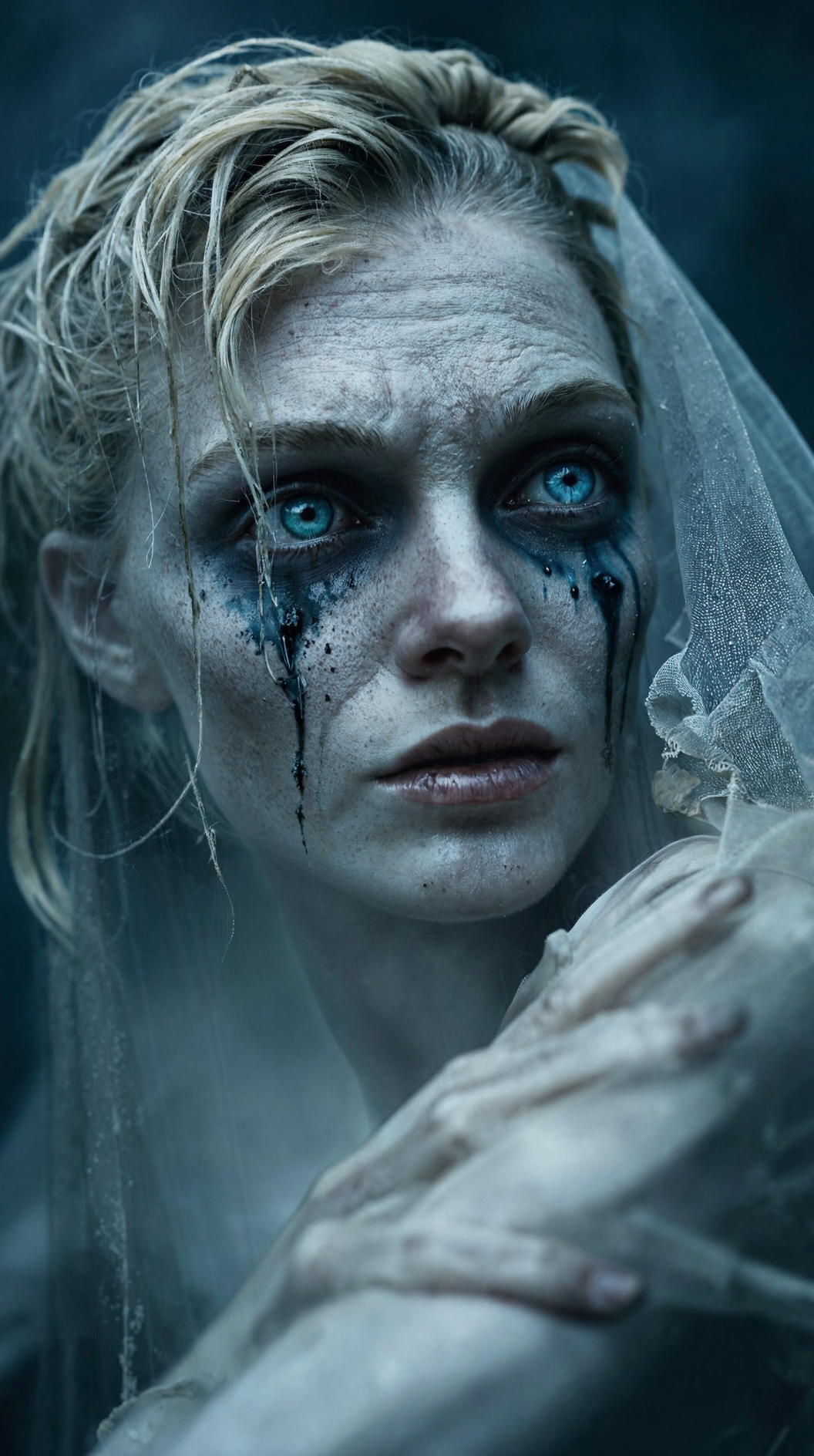 An extreme close-up portrait of a ghostly crying young bride, her pale, ethereal and translucent face bathed in an eerie, soft light.
She tilts her head upward, her glowing blue eyes filled with sorrow, as thick, ice blue tears stream down her cheeks, leaving dark, inky trails against her ashen, almost translucent skin. 
Her expression is one of utter sorrow, her slightly parted lips trembling as if caught in a silent wail of grief.

Her delicate and translucent wedding veil, tattered and frayed with age, drapes over her hair and shoulders, blending into the misty, blurred background. 
Wisps of her disheveled, silvery-white hair escape from beneath the fabric, moving slightly as if stirred by an invisible wind. 
The lighting is moody and cinematic, with a faint glow illuminating her features, creating a stark contrast between her haunting beauty and the dark tears of sorrow.

The background is intentionally obscured, fading into a ghostly haze of cold blues, grays, and deep shadows, reinforcing the supernatural and tragic atmosphere. 
The overall composition is intimate and unsettling, drawing the viewer into the raw, heartbreaking pain of this ethereal, weeping phantom bride.