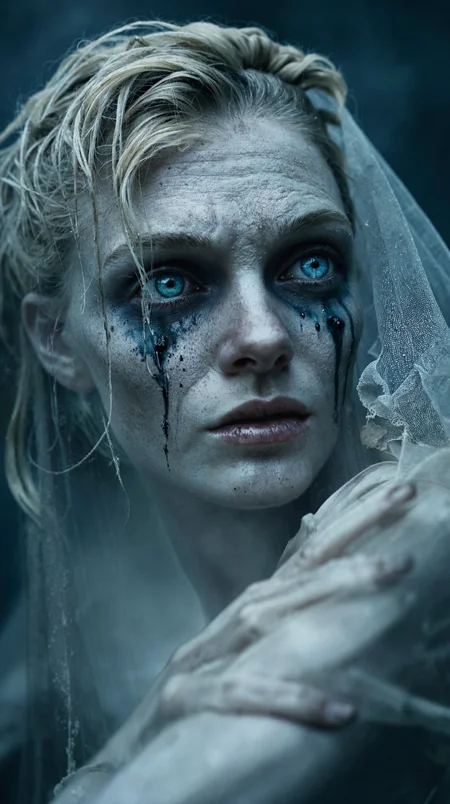 An extreme close-up portrait of a ghostly crying young bride, her pale, ethereal and translucent face bathed in an eerie, soft light.
She tilts her head upward, her glowing blue eyes filled with sorrow, as thick, ice blue tears stream down her cheeks, leaving dark, inky trails against her ashen, almost translucent skin.
Her expression is one of utter sorrow, her slightly parted lips trembling as if caught in a silent wail of grief.
Her delicate and translucent wedding veil, tattered and frayed with age, drapes over her hair and shoulders, blending into the misty, blurred background.
Wisps of her disheveled, silvery-white hair escape from beneath the fabric, moving slightly as if stirred by an invisible wind.
The lighting is moody and cinematic, with a faint glow illuminating her features, creating a stark contrast between her haunting beauty and the dark tears of sorrow.
The background is intentionally obscured, fading into a ghostly haze of cold blues, grays, and deep shadows, reinforcing the supernatural and tragic atmosphere.
The overall composition is intimate and unsettling, drawing the viewer into the raw, heartbreaking pain of this ethereal, weeping phantom bride.