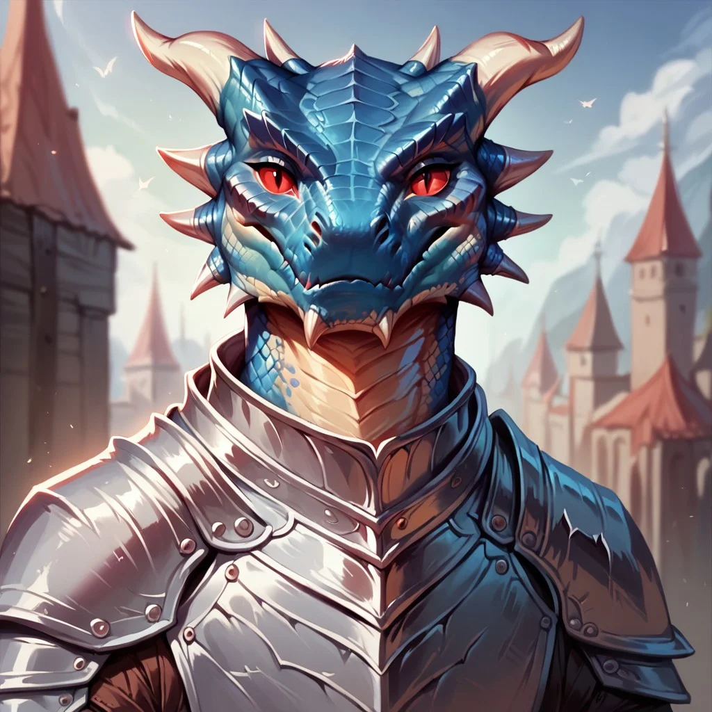 (((detailed, beautiful, high quality))), score_9, score_8_up, score_7_up, upper body,
lizardfolk, anthro lizard, slit pupil, scales, tail,
1 male, blue scales, red eyes, grey armor, silver armor, horns, big horns,
looking at the viewer, posing,
blurred background, fantasy background,
