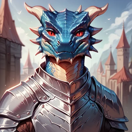 (((detailed, beautiful, high quality))), score_9, score_8_up, score_7_up, upper body,
lizardfolk, anthro lizard, slit pupil, scales, tail,
1 male, blue scales, red eyes, grey armor, silver armor, horns, big horns,
looking at the viewer, posing,
blurred background, fantasy background,