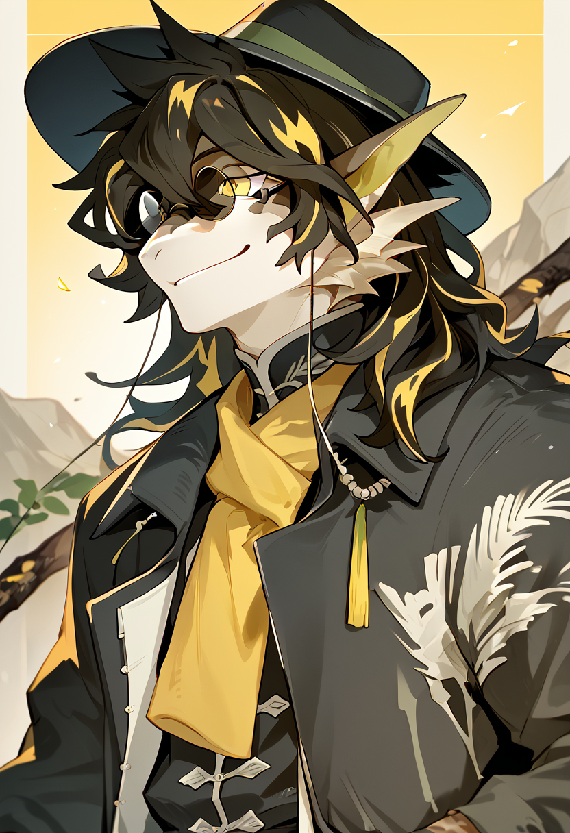 score_9, score_8_up, score_7_up, high res, best quality, rating_safe, lee, d313c1v3, <lora:Lee:1>, <lora:add-detail-xl:1>, BREAK
furry, solo, 1boy, black hair, gloves, smile, round eyewear, hat, multicolored hair, coat, yellow eyes