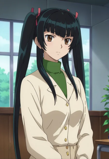 score_9,score_8_up,score_7_up,anime coloring BREAK source_anime,anime,<lora:Wang_Liu_Mei_Gundam_00_Pony:0.7>,liumei,1girl,solo,brown eyes,black hair,twintails,long hair,ribbon,hair ribbon,turtleneck,indoors,