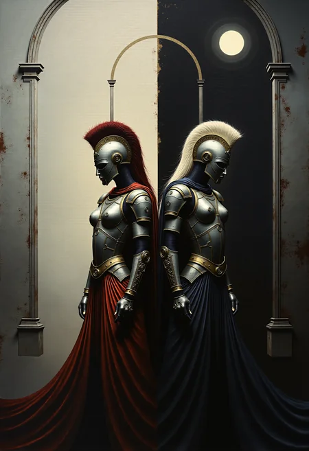 0n1r1c, Create a dramatic impasto painting with drips and painterly smudges of two majestic warriors, inspired by Achilles, the central character in Homer's Iliad, wearing futuristic, metallic full-body armor with a complex, segmented design.
The painting is divided vertically into three sections.
The left section, only white, is dominate from Aphrodite, her
warrior's helmet should have a striking red horsehair crest.
The background of this left section is a light white.
The middle section, only light gray, showcases a high, arched window below the upper edge of the painting, through which the moon shines.
The background of this middle section is a light gray.
The right section, only dark gray, is dominate from Athene, her warrior's helmet should have a striking white horsehair crest.
The background of this right section is a dark gray.
Both helmets reminiscent of ancient Greek soldiers.
Both armors should have multiple plates and reinforcements, covering the entire body and combining both ancient and modern aesthetics.
The shoulder plates and bracers of both armors should feature additional plating with gold accents. Both warriors should wear long, flowing black capes, adding a touch of royalty. Their overall appearance should exude strength, nobility, and a harmonious blend of the antique and the modern. Set the scene in a dark, grand hall with high, arched windows in the background. The painting should emphasize a combination of ancient grandeur and a futuristic, modern, and abstract style, with dramatic lighting features in a monochromatic scheme, primarily in shades of black, white, and gray.