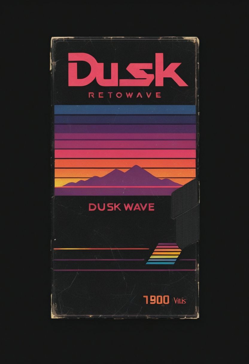 vhs-box, text focus, english text, vhs casette, "DUSK" logo, purple stripe, sunset theme, text logo, vhs black case, E-180, retrowave, logo parody, VHS, HIGH QUALITY (text), handwriting, masking tape overlay, 1980s theme, outrun, vaporwave