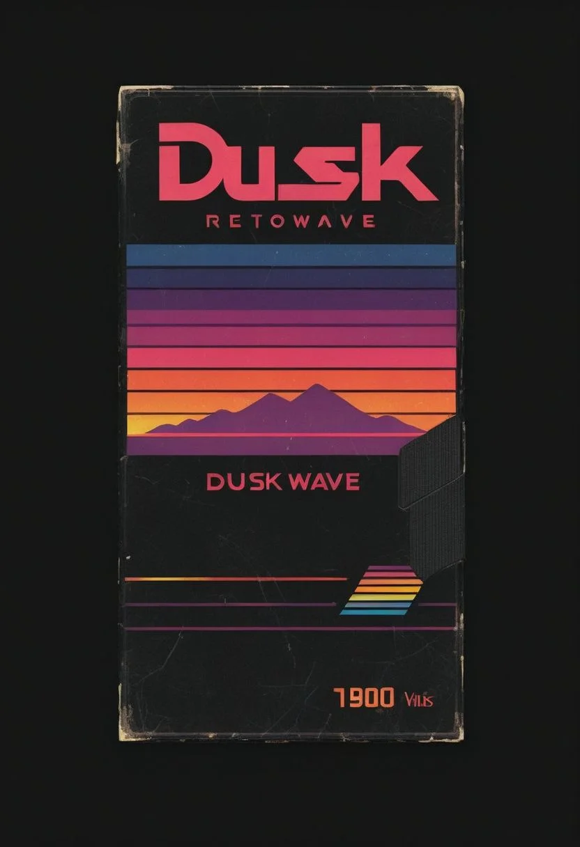 vhs-box, text focus, english text, vhs casette, "DUSK" logo, purple stripe, sunset theme, text logo, vhs black case, E-180, retrowave, logo parody, VHS, HIGH QUALITY (text), handwriting, masking tape overlay, 1980s theme, outrun, vaporwave
