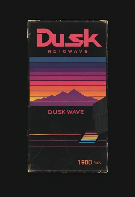 vhs-box, text focus, english text, vhs casette, "DUSK" logo, purple stripe, sunset theme, text logo, vhs black case, E-180, retrowave, logo parody, VHS, HIGH QUALITY (text), handwriting, masking tape overlay, 1980s theme, outrun, vaporwave