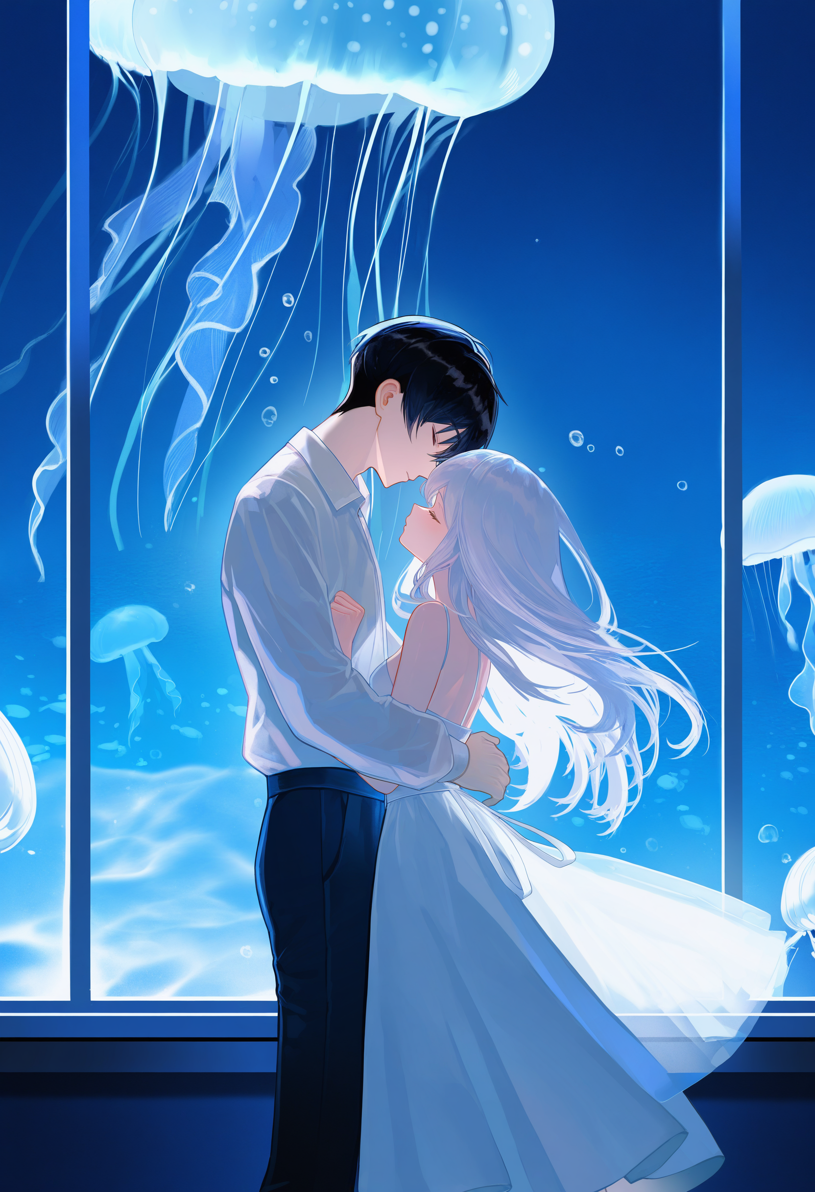 by [ruoganzhao|say hana|xixun|diyokama],
jellyfish, 1girl, 1boy, long hair, black pants, white dress, white shirt, aquarium, black hair, standing, hetero, window, collared shirt, long sleeves, white hair, indoors, short hair, closed eyes, feet out of frame, couple, blue theme,
masterpiece, best quality, very awa, absurdres
<lora:noobai_epred_11_artists_v11:1>